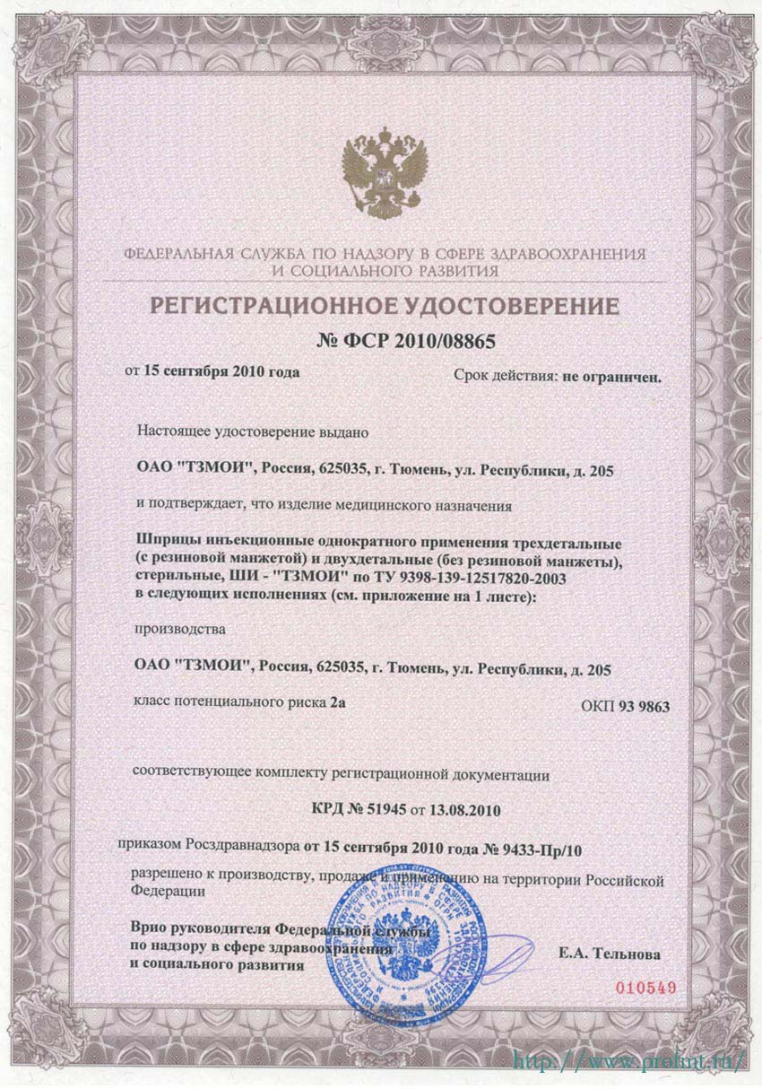 сертификат ШИ Шприцы инъекционные ТЗМОИ